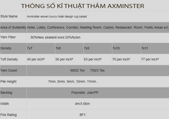 Thông số kĩ thuật thảm khách sạn axminster